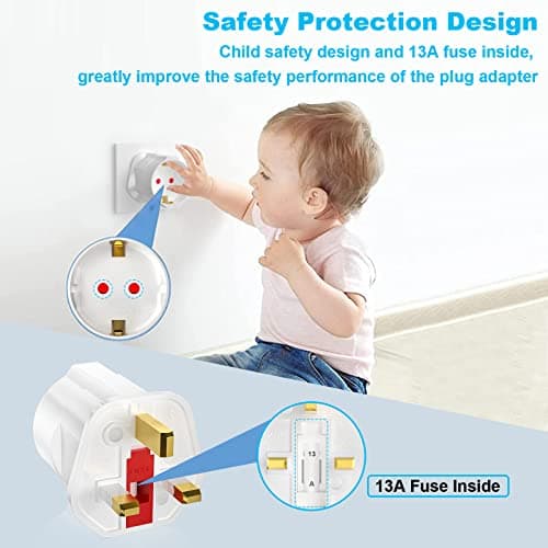 European to UK Plug Adaptor 2 Packs, EU to UK Plug Adapter with 13A Fuse, HITRENDS Plug Adapter 2 Pin to 3 Pin 3250W Max Travel Adaptor Euro to UK for France, Italy, Spain, Germany Euro to UK, White — view 3