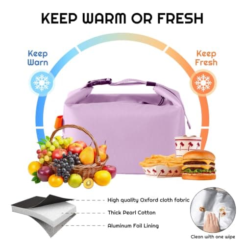 YUDANSI Insulated Lunch Bag with Thick Foil, Leakproof Thermal Lunch Tote for Work School Picnic, Large Capacity Cooler Bag with Adjustable Shoulder Strap for Men Women Adults Kids (Purple) — view 5