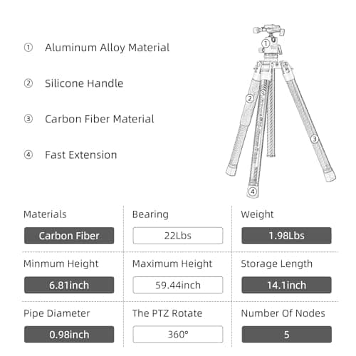 Fotopro 62 Inch Carbon Fiber Tripod for Camera Ultralight Travel Camera Tripod Max Loads Up 22lbs X-Aircross 3 Green — view 6