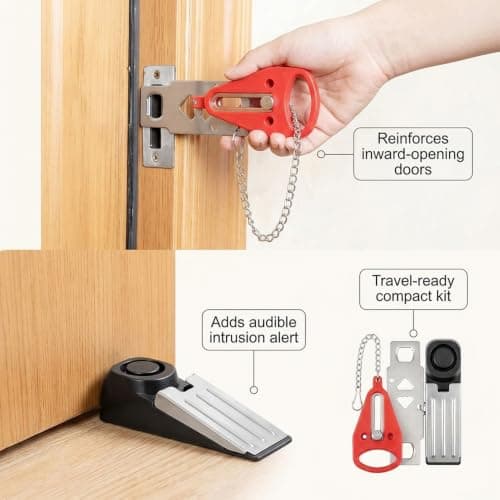2-Pack Travel Security Kit, Door Lock Without Drilling + Door Alarm, Adjustable Safety Bar Door Jammer for Hotel Door Travel Safety, Patio Door Security for Home & Apartment, Portable — view 6