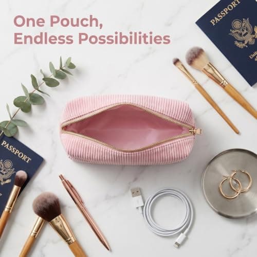 Corduroy Small Makeup Bag for Women, Mini Travel Cosmetic Pouch with Zipper, Portable Toiletry Wash Bag for Handbag, Cute Skincare Organiser for Girls — view 2
