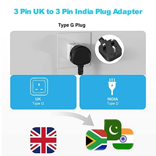 PABANCE 4 Pack 3 Pin UK to India Plug Adapter, UK to India/Sri Lanka Travel Adapter, Type D Plug Adapter, for India, Sri Lanka, Pakistan, Yemen(White) — view 2