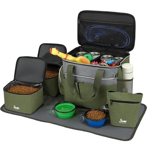 TAIHOYIN Dog Travel Bag for Pet Kit Outdoor with 2 Food Bags + 2 Collapsible Bowls + Feeding Mat + Dog Treat Bum Pouch 7-Piece Set for Pet Accessories Organizer Traveling Walking Camping, Olive Green