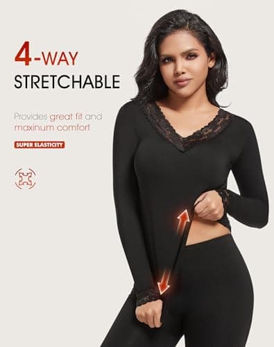 MOSCOAL Fleece Lined Thermal Tops for Women Long Sleeve Lace Trim Base Layer V Neck Shirt, Black, L — view 6