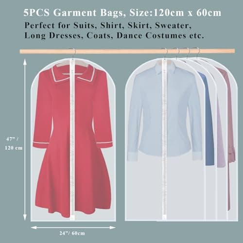 Yelinosk 5 Pack Suit Bags - 60 x 120cm, Anti-Dust & Water Protector, Washable Full Zipper Garment Bags Perfect for Travel or Home — view 2