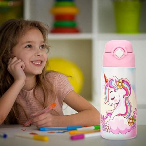 ntskood Girls Unicorn Water Bottle for School,Kids 16 oz Insulated Stainless Steel Cup with Straw, Double-Wall Vacuum Leakproof（Unicorn） — view 5