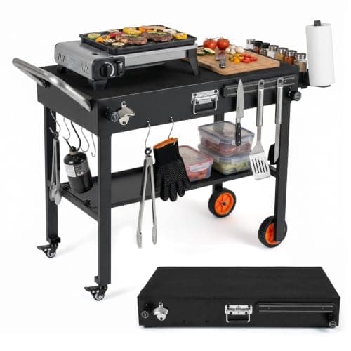 TANGZON Folding Grill Cart, Outdoor BBQ Prep Table with Wheels