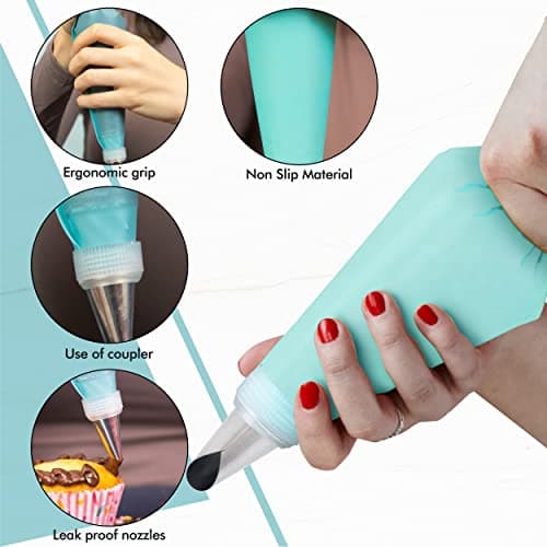 Silicone Piping Bags, 8 pcs Stainless Steel Nozzles Set with Coupler, 30cmx17cm-1 Reusable Icing Piping Bag with Cleaning Brush for Decorating Cakes, Pastries & Cupcakes (Pack of 11) — view 3