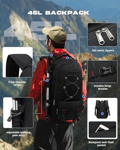 Besttravel Travel Backpack, 45L Hiking Backpacks Water Resistant Multi-functional Trekking Rucksack Travel Laptop Backpack Mens Fits 17.3 Inch Computer for Camping Climbing Cycling, Black — view 4