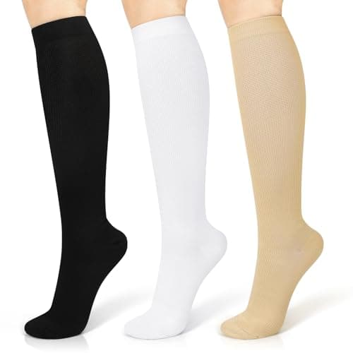 3 Pairs Compression Socks 15-20 mmhg for Men & Women, Support Socks Compression Stockings for Running, Swelling, Nurse, Flight, Nurses,Edema (Black+White+Beige, L/XL)