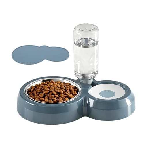 TANXIC Double Dog Cat Bowls, Pets Food and Water Bowl Set with Automatic Water Dispenser and Stainless Steel Bowl Silicone Dog Bowl Mat, Gravity Feeder for Cats and Small Dogs Puppies (Blue)