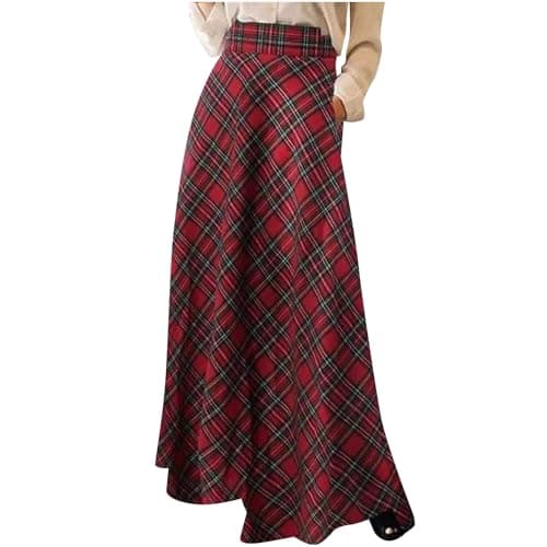 Womens Plaid Elastic High Waist Maxi Skirt Vintage Wool Skirt Tartan Midi Swing Pleated Flared A Line with Pockets Retro Elegant High Rise Flowy Skirts Dress Pull — view 5