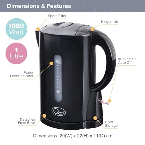 Quest 35039 1 Litre Kettle | Compact Design | Spout Filter | Water Level Indicator | BPA Free | Black — view 2