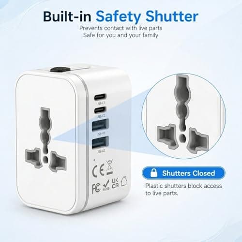 Universal Travel Adapter, International Travel Plug Adapter with 2 USB-C and 2 USB Ports, All in One Plug Adaptor with Dual Safety Fuses, Universal Charger Power Adapter for European EU US UK AUS — view 6