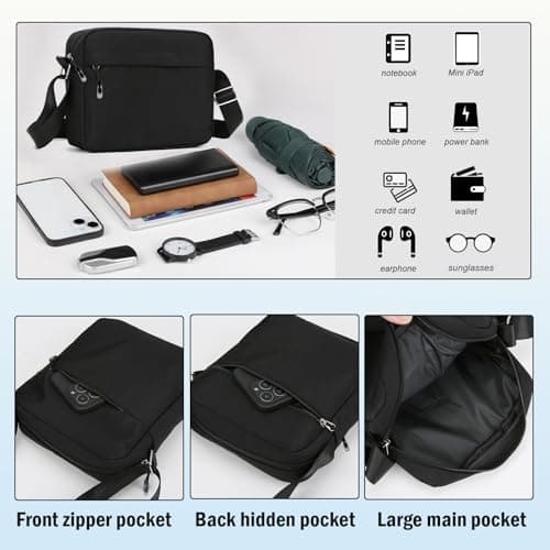 Veyarien Mens Cross Body Bag, Small Messenger Shoulder Man Bag with Zipper and Adjustable Strap, Waterproof Oxford Crossbody Bags, Casual Man Bags for Men Working Travel Daily (Black) (Black 2) — view 3