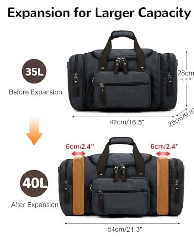 Outplea 40L Canvas Holdall for Men, Expandable Travel Duffle Bag, Vintage Weekend Bag Hand Luggage for Overnight Hospital Holiday, Black — view 2