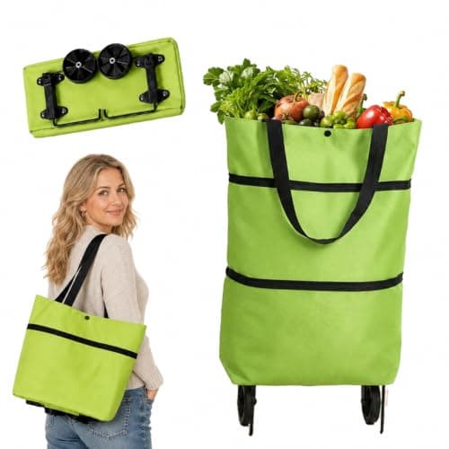 Foldable Shopping Bag with Wheels, 2-in-1 Shopping Trolley & Carry Bag