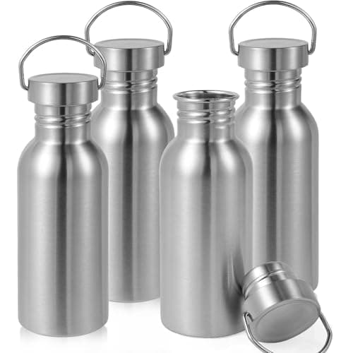Volhoply 600ml Uninsulated Single Walled Water Bottle 4 Pack, Stainless Steel Reusable Water Bottles with Handle, BPA Free & Plastic Free 18/8 304 Metal Water Bottles for Camping, Hikers, Cyclists