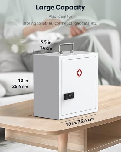 Uniclife Wall Mount Medicine Cabinet with Combination Lock & Handle Locking First Aid Lockable Medical Safe Storage Box Medium Medicine Organizer Secure Steel Wall Cabinet Metal Storage Box — view 2