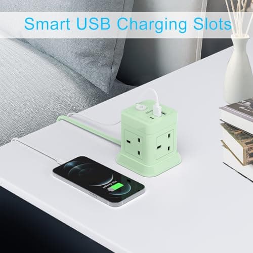 3M Extension Lead Cube With USB, BEVA 4 Way Power Strip With 3 USB Ports, Extension Socket With Switch Multi Plug Extension with 3 Metre Extension Cords For Home Office Travel-Green — view 6