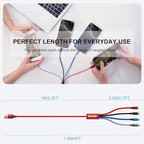 Amuvec 4 in 1 Multi Charger Cable, 3A Fast Charging USB Cord, 1.2M Red — view 5