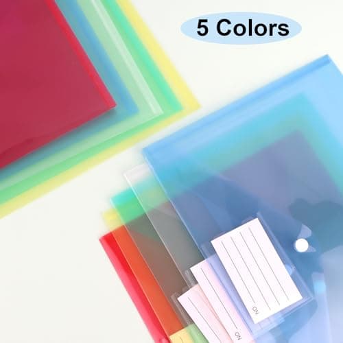 Wanciler 10 Pack A4 Waterproof Plastic Wallets A4 Document File Folders with Label Pocket and Button Storage for Office Home School Travel Supplies (5 Colours) — view 4