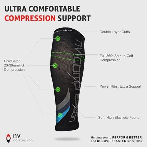 NV Compression Essential Race and Recover Calf Guards/Sleeves (PAIR) 20-30mmHg - For Sports Recovery, Shin Splints, Medical, Work, Flight - Running, Cycling, Gym (Bk/Blue Chevrons, L-XL) — view 4