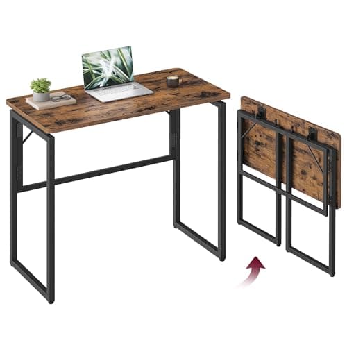 VASAGLE Folding Desk, Foldable Computer Desk, One-Piece Desktop Top, Rounded Edges, Small Home Office Writing Table for Bedroom, Balcony, Camping, Easy Assembly, 80 x 40 cm, Rustic Brown LWD151KD01
