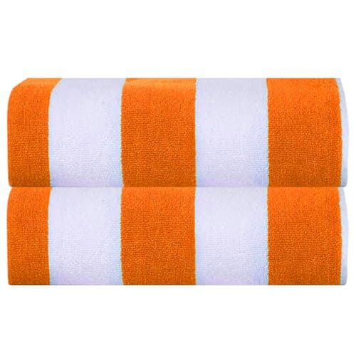 SweetNeedle - Beach Towels for Adults Pack of 2 - Orange Cabana Striped Classic - 100% Cotton Terry Ringspun Pool Towel, Quick Dry, Super Absorbent Swimming large towel, 76 x 152 cm