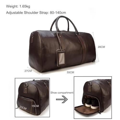 LUUFAN Unisex Leather Travel Duffel Bag Vintage Weekend Bag (Brown-55cm) — view 2