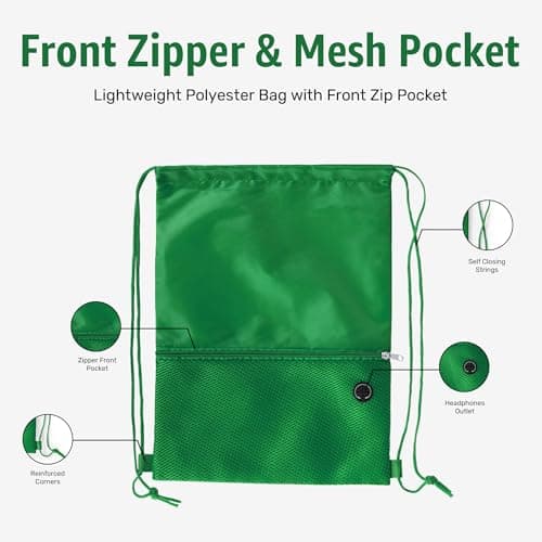 Bodygenix Unisex Drawstring Backpack for Sports – Lightweight Polyester Bag with Front Zip Pocket & Headphone Port – Waterproof Cinch String Bag for Sports, School, Swim, Travel & Beach Use - Green — view 3