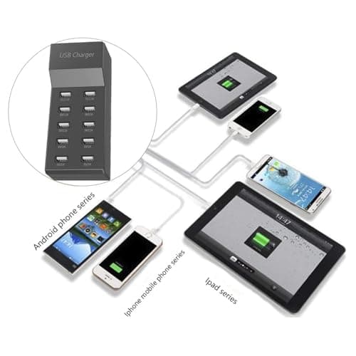USB Charger Station, 10 Port USB Charger Hub 50W Multiple Charging Station Compatible with iPhone 12/13/14/15/16/Samsung S22/S23/S24/Z Flod/Z Flip/iPad/Xiaomi/Oppo/OnePlus.（Black） — view 5