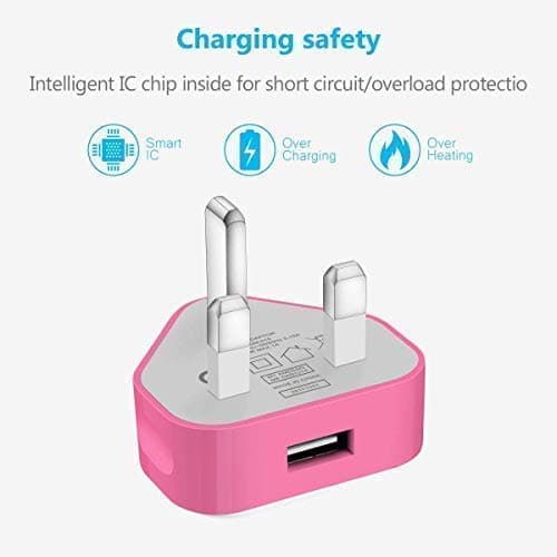 AMO® Charger Plug, UK 3 Pin Plug Charger, Adapter Compatible with Samsung Galaxy Compatible with iOSiPhone iOSiPad Sony Tab HTC Windows Phone Tablet Laptop and Many more (Bright Pink) — view 5