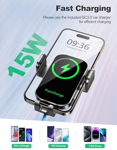 Glangeh Car Phone Holder Wireless Charger, Auto Clamping Wireless Car Charger, 15W Fast Wireless Charging Car Mount Frame for Dash Windshield for iPhone 17 16 15 14 13 12 Pro Max, Galaxy S24+ and more — view 3