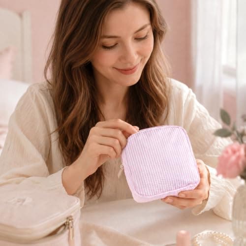VIZIVOLT Pink Striped Period Bag, Portable Sanitary Pad Storage Bag, Reusable Period Bags for Teenage Girls Women Tampons Holder for Purse, Lightweight Breathable Sanitary Bags — view 4