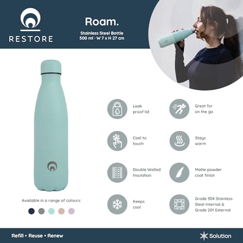 Restore Stainless Steel Water Bottle, Roam Reusable Leakproof Flask, Vacuum Insulated Multi Colour Selection Metal Travel Bottle for Hot/Cold Beverages (Taupe, 500ml) — view 2