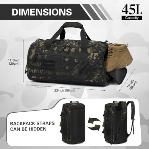 3-in-1 Travel Duffel Bag Backpack for Men Women 45L Tactical Gym Duffle & Sports Holdall Bag with Shoe Compartment & Wet Pocket Carry on Weekend Overnight Bags for Traveling Hiking, Camo — view 4