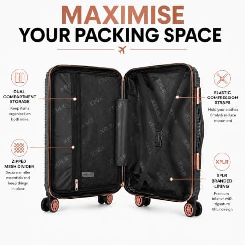 XPLR 4 Piece Hard Shell Luggage Set - Durable ABS Lightweight Suitcase - 14" 20" 24" 28" Cabin Carry On - TSA Lock - 360° Spinner Wheels - Rose Gold Trim & Vanity Case (Urban Graphite) — view 5