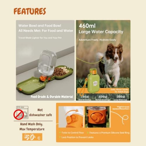 The Pet Lord 2-in-1 Dog Water Bottle & Built-In Feeding Bowls | 460ml Portable Dog Water Bottle with Separate Water & Food Feeding Areas | Food Grade | Dog Walking & Travel Accessories | Green — view 6