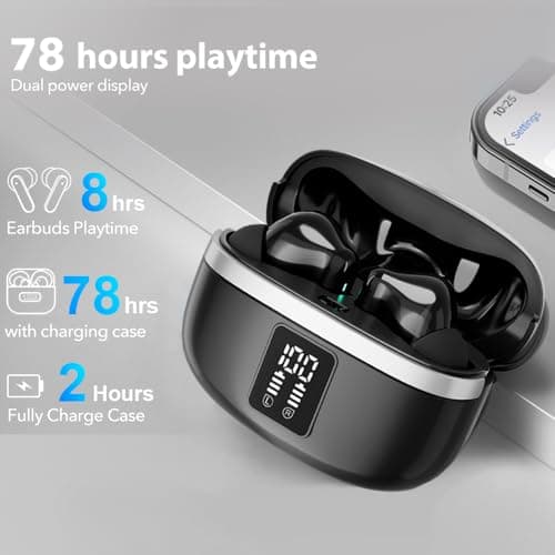 JBMI Wireless Earbuds Bluetooth Earphones, 60H Deep Bass Ear Buds with 4 Noise Cancelling Microphone, IPX5 Waterproof in Ear Headphones for iPhone Android Sports Gaming Usb C (Obsidian) — view 4