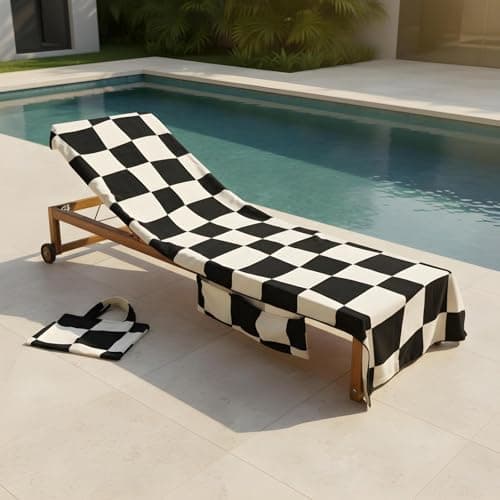 OHS Sun Lounger Towels with Pockets, Soft Quick-Dry Towel Absorbent Beach Towel in a Bag Lightweight Large Beach Towels for Adults Summer Holiday Essentials, 75 x 215cm - Monochrome Checkerboard