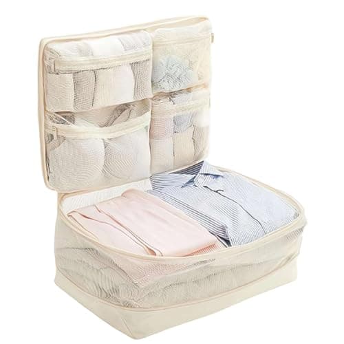 5-in-1 Compression Packing Cube – Hanging Luggage Organizer with 4 Compartments for Clothes & Underwear, Machine Washable Travel Suitcase Accessories,Space-Saving Travel Essentials,17.7x12.6” (Oat)