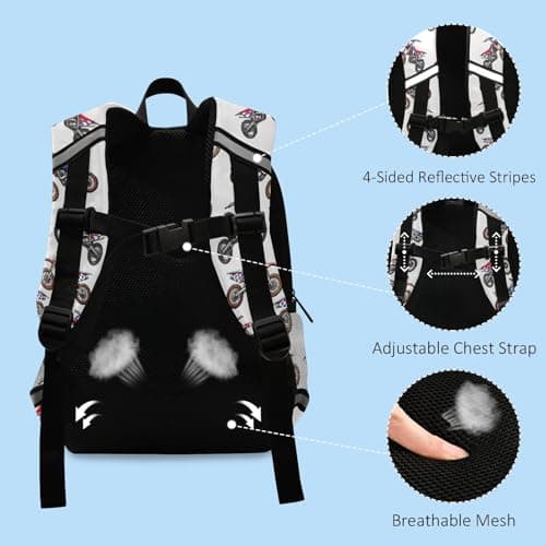 Mnsruu Toddler Backpack, Motorcycle Pattern Kids Nursery Bag for Boys Girls, Preschool Kindergarten Bookbag Travel Daycare Bag with Reflective Strip — view 6