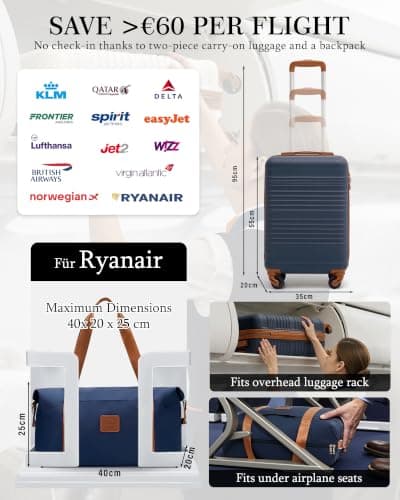 COOLIFE 55×35×20 Cabin Suitcase + 40x25x20cm Ryanair Cabin Bag EasyJet Set — view 2