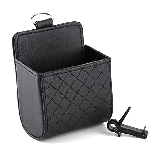 Lwuey Car Air Vent Storage, Hanging PU Leather Pouch Box with Hooks For Phones Keys Sunglasses Coins Pens Cards Organizer Bag Anti Slip Driver Essential Accessories Front Tidy Caddy