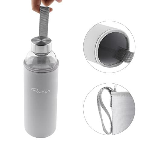 RYACO Glass Water Bottle 550ml/18oz,Borosilicate Glass Bottle with Neoprene Protective Case for Hot Cold Drinks,BPA-Free Leak Proof,Sport Water Bottles with Sponge Brush,Dishwasher Safe — view 6