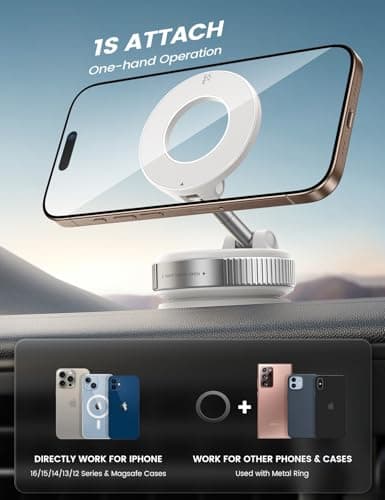 Lamicall Vacuum Magnetic Car Phone Holder, 2025 Upgraded Suction Cup Car Mount for Magsafe, 360° Rotatable for iPhone 17 16 15 13 12 Pro/Max/Plus/Air/Mini on Mirror, Smooth Surface, Windscreen - White — view 5