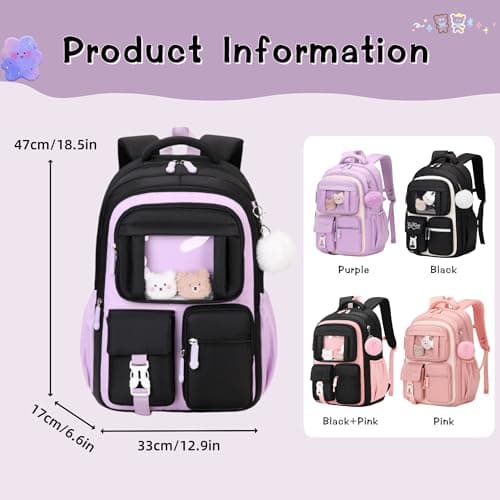 Kawaii Girls Backpack for Kids School Bag, Capacity Bookbag Rucksack for Girls Daypack, B552-Black+Purple — view 3