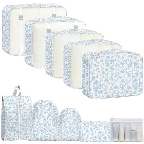 10pcs Packing Cubes for Suitcases, Travel Organiser Packing Bags for Clothes Shoes Toiletries Travel Luggage Organizers Storage Bags (blue flower)