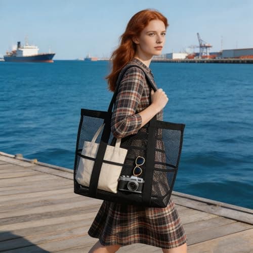 Large Mesh Beach Bag, Large Beach Bag, Extra Large Black Mesh Tote Bag — view 2